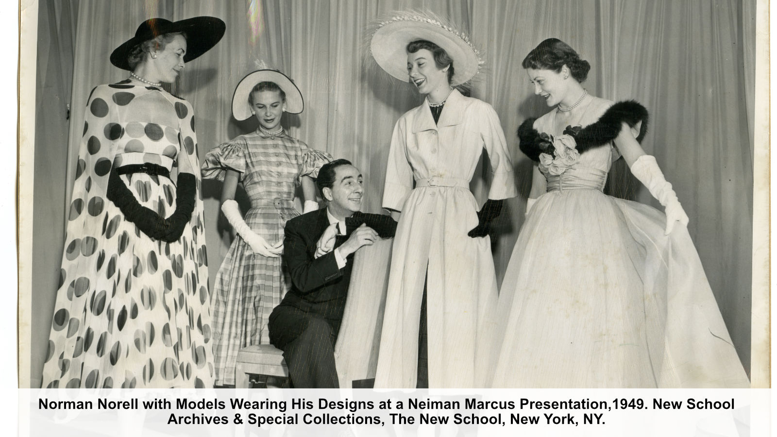 Norman Norell with Models Wearing His Designs at a Neiman Marcus Presentation,1949. New School Archives & Special Collections, The New School, New York, NY.