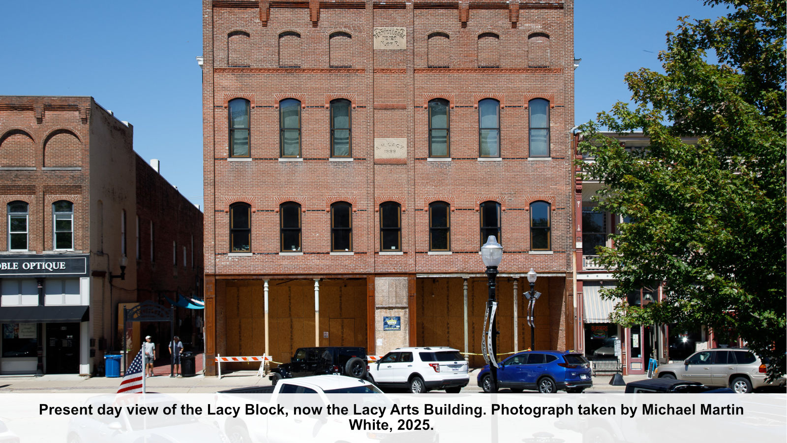 Present day view of the Lacy Block, now the Lacy Arts Building. Photograph taken by Michael Martin White, 2025.