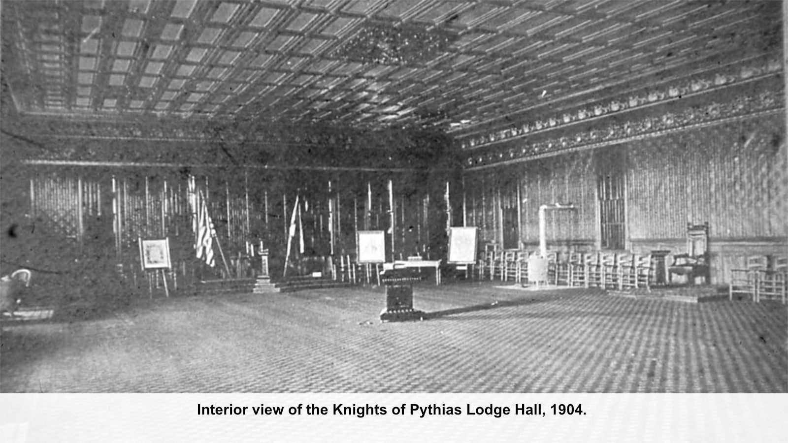 Interior view of the Knights of Pythias Lodge Hall, 1904.