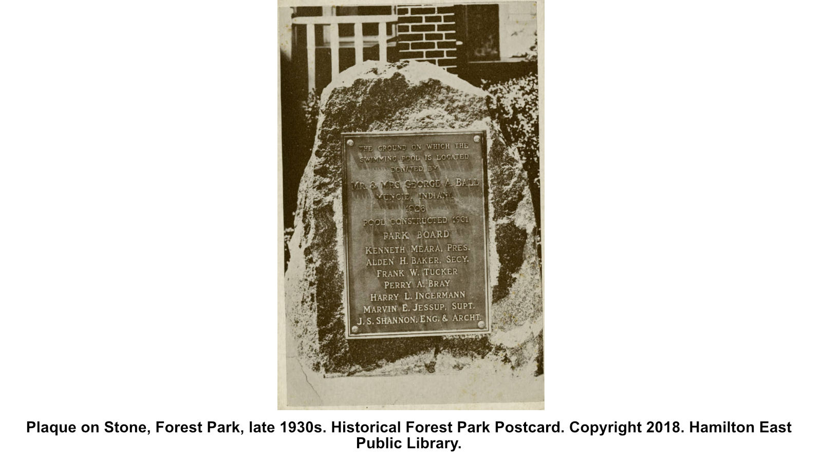 Plaque on Stone, Forest Park, late 1930s. Historical Forest Park Postcard. Copyright 2018. Hamilton East Public Library.