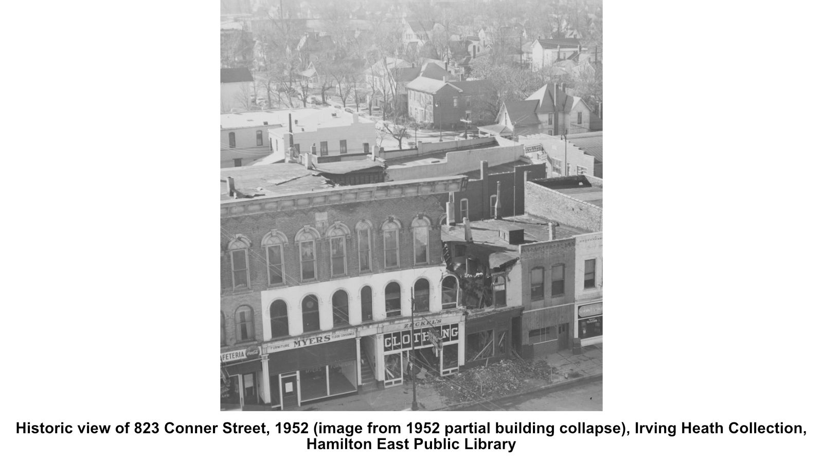 Historic view of 823 Conner Street, 1952 (image from 1952 partial building collapse), Irving Heath Collection, Hamilton East Public Library