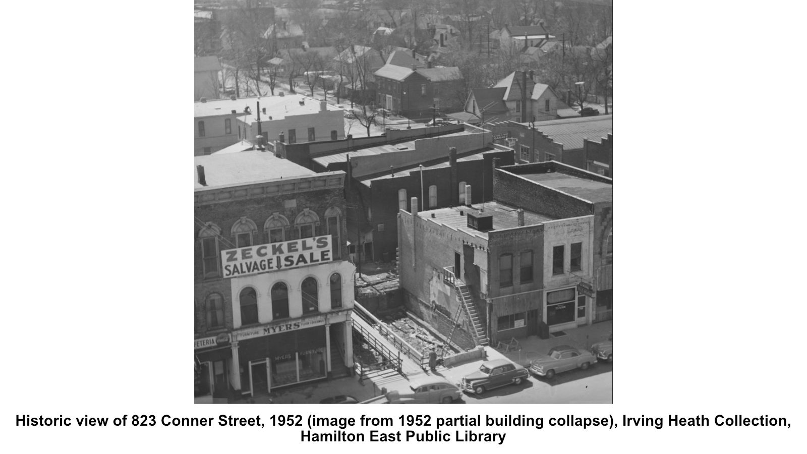 Historic view of 823 Conner Street, 1952 (image from 1952 partial building collapse), Irving Heath Collection, Hamilton East Public Library