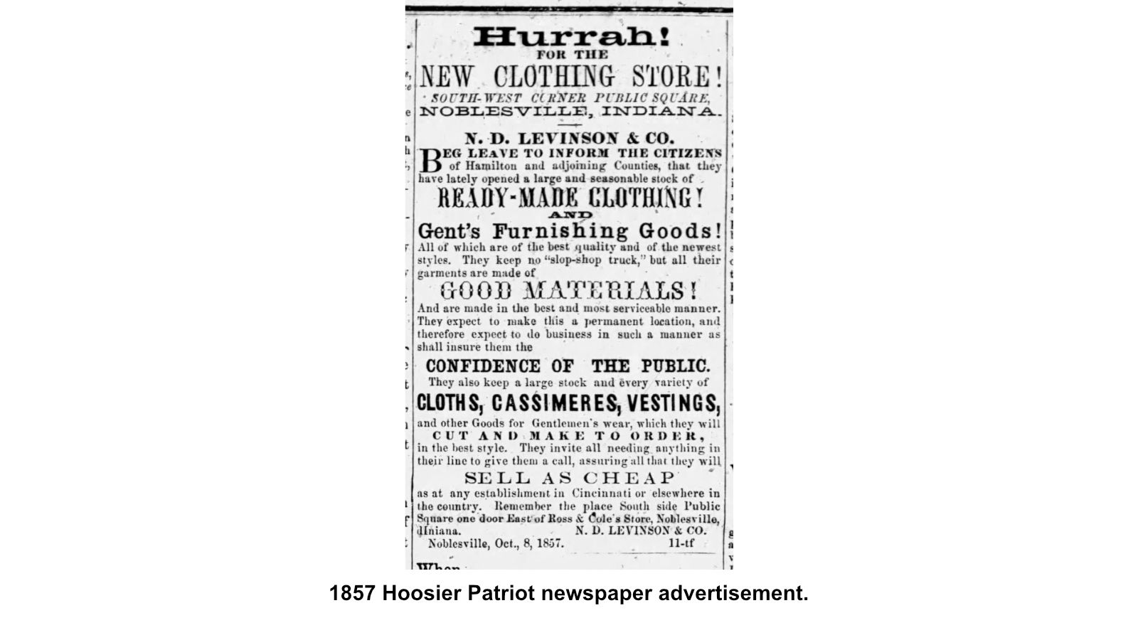 1857 Hoosier Patriot newspaper advertisement.