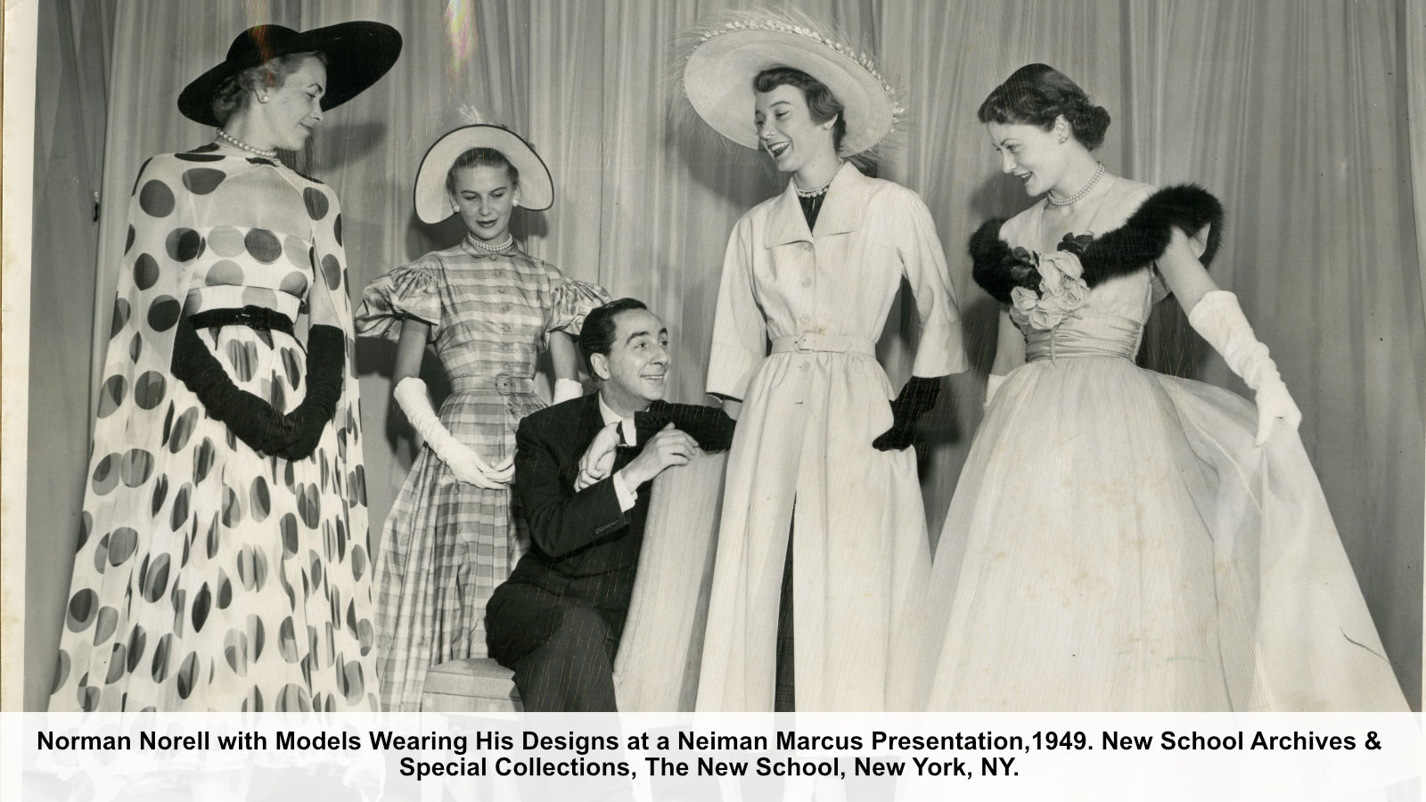 Norman Norell with Models Wearing His Designs at a Neiman Marcus Presentation,1949. New School Archives & Special Collections, The New School, New York, NY.