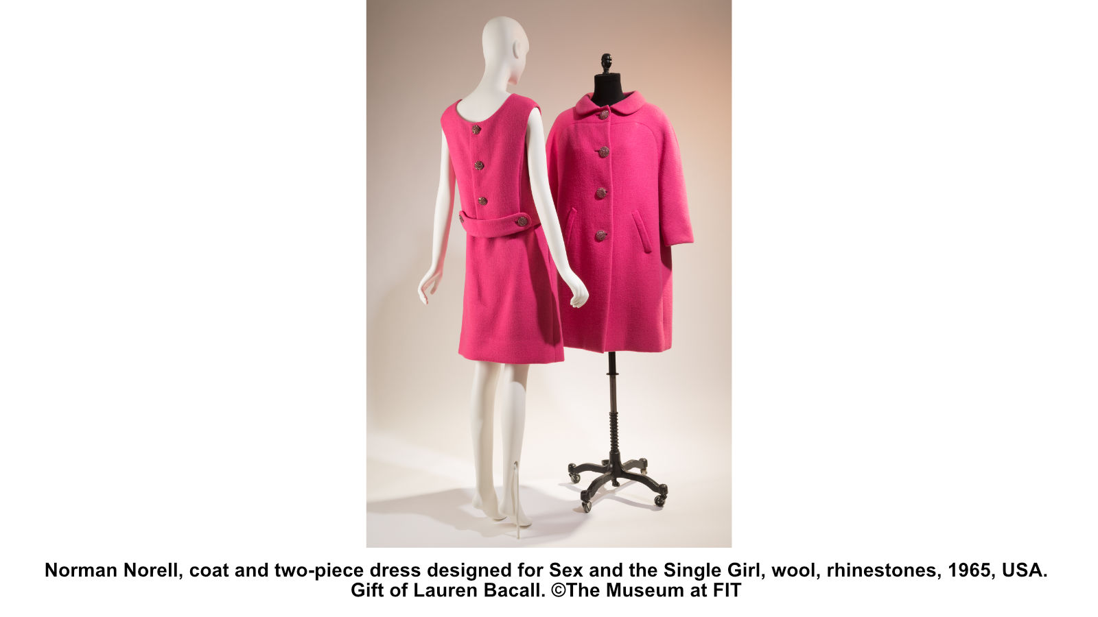 Norman Norell, coat and two-piece dress designed for Sex and the Single Girl, wool, rhinestones, 1965, USA. Gift of Lauren Bacall. ©The Museum at FIT
