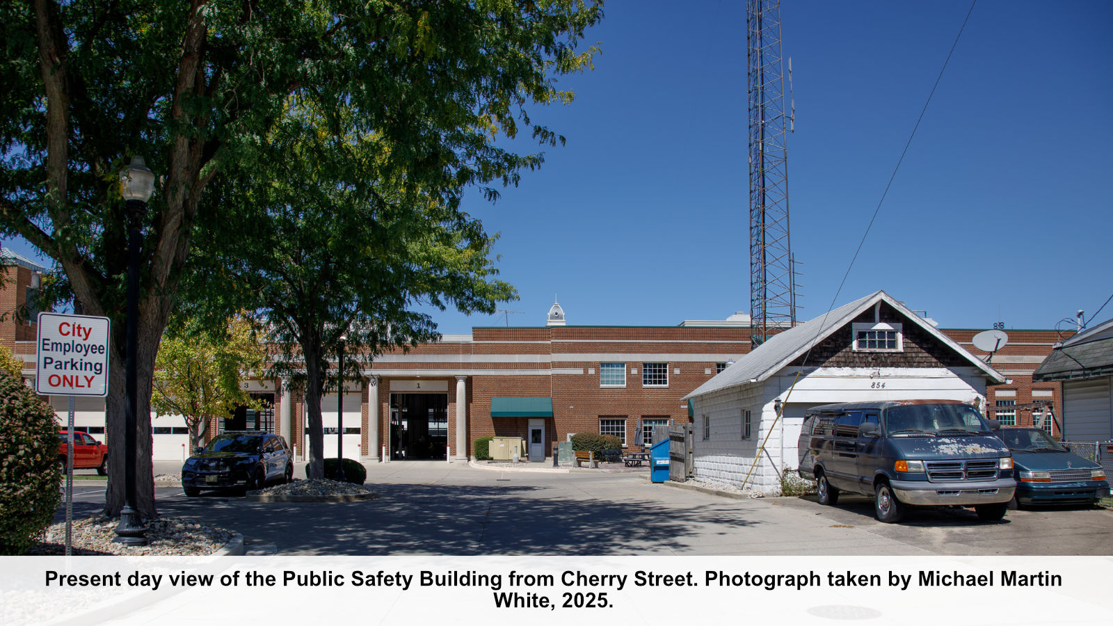 Present day view of the Public Safety Building from Cherry Street. Photograph taken by Michael Martin White, 2025.