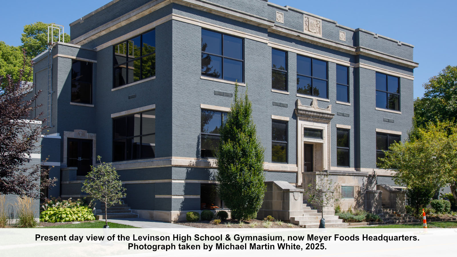 Present day view of the Levinson High School & Gymnasium, now Meyer Foods Headquarters. Photograph taken by Michael Martin White, 2025.