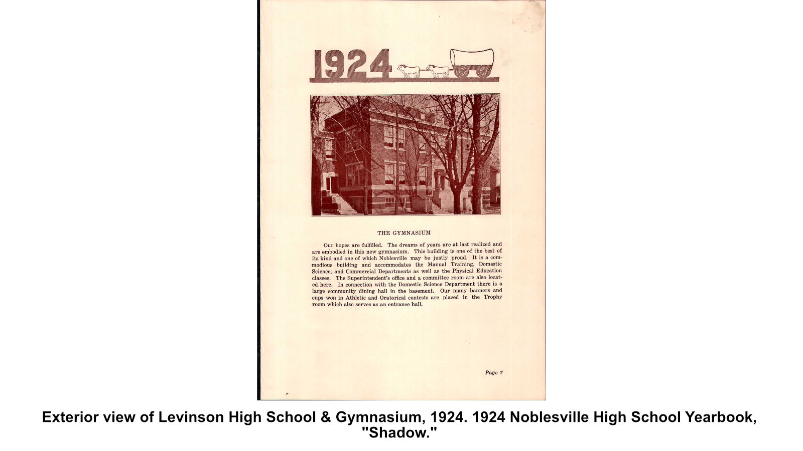 Exterior view of Levinson High School & Gymnasium, 1924. 1924 Noblesville High School Yearbook, "Shadow."