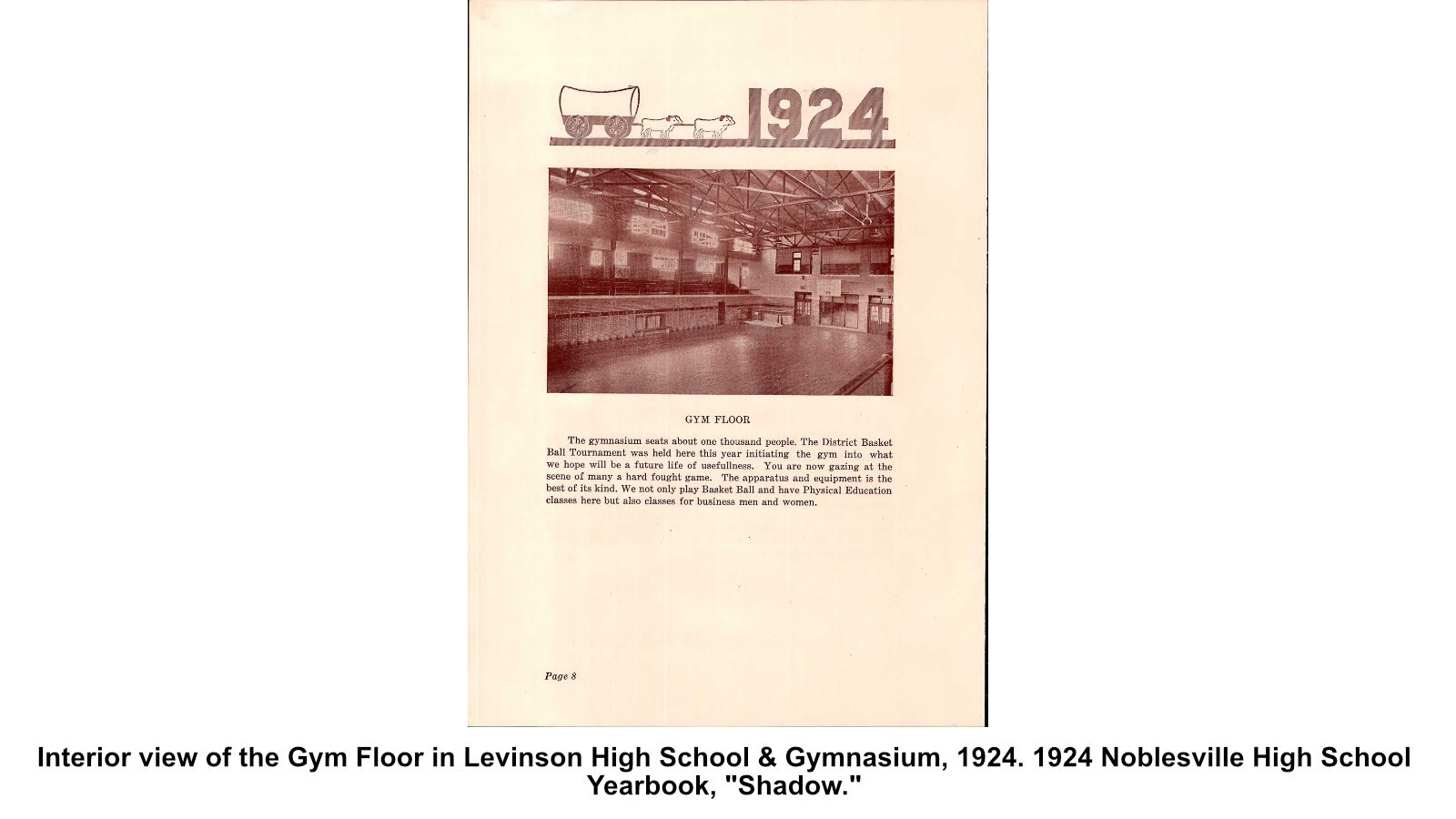 Interior view of the Gym Floor in Levinson High School & Gymnasium, 1924. 1924 Noblesville High School Yearbook, "Shadow."