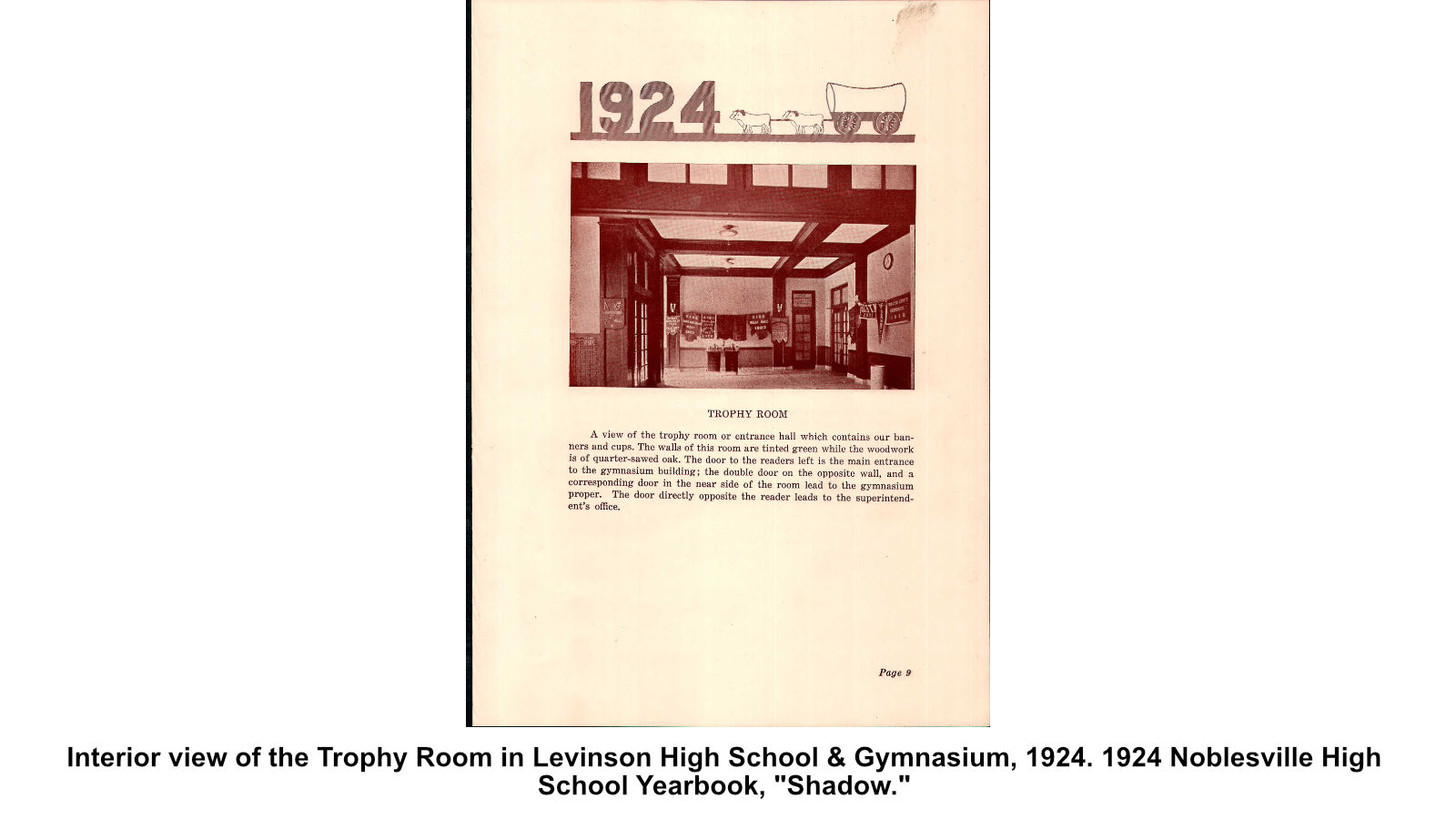 Interior view of the Trophy Room in Levinson High School & Gymnasium, 1924. 1924 Noblesville High School Yearbook, "Shadow."